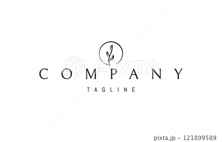 Vector logo with an abstract image of a sprout and leaf against the background of a circle of the sun. 121899589