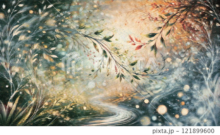 季節の移ろいを描いた幻想的な植物と光のアートイラスト   121899600