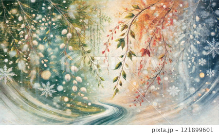 季節の移ろいを描いた幻想的な植物と光のアートイラスト   121899601