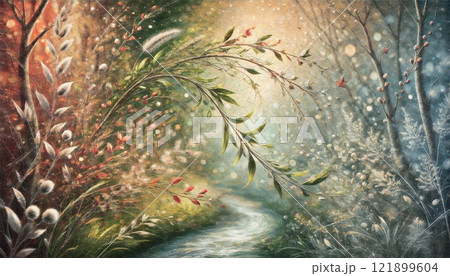 季節の移ろいを描いた幻想的な植物と光のアートイラスト   121899604