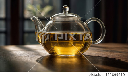 Clear glass teapot filled with fragrant tea sits on a wooden surface in warm lighting 121899610