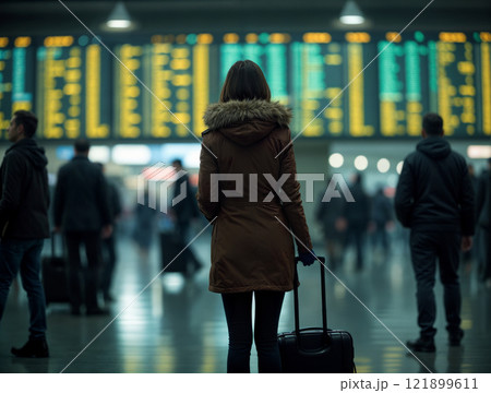 Woman waits at a busy airport terminal with a suitcase in the evening 121899611