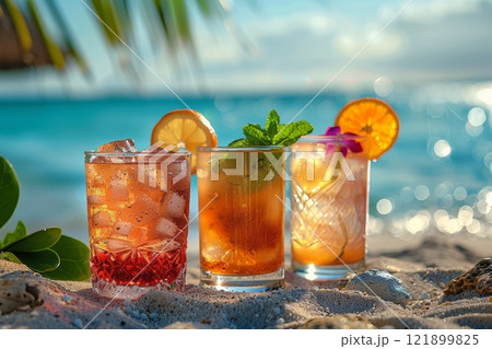 A composition of different cocktails stands on the sand at the edge of the water on an ideal beach in the sand. 121899825