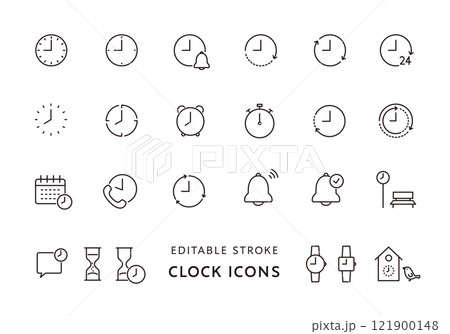 時計や時間にまつわるアイコンセット(モノクロ) 時計や時間にまつわるアイコンセット(モノクロ) 121900148