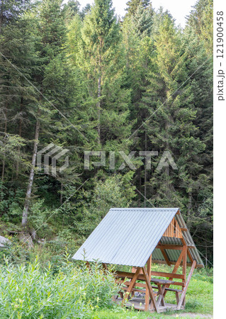 Recreation area, camping in the forest. Wooden houses. Recreation area, camping in the forest. Wooden houses. 121900458