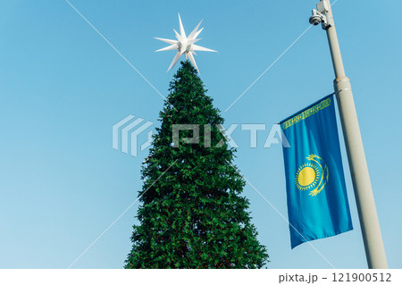 the Kazakh flag in a public place. the real Kazakh flag in the city the Kazakh flag in a public place. the real Kazakh flag in the city 121900512