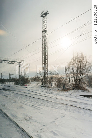 Kazakh steppe in the snow. railway after a blizzard in Kazakhstan 121900529