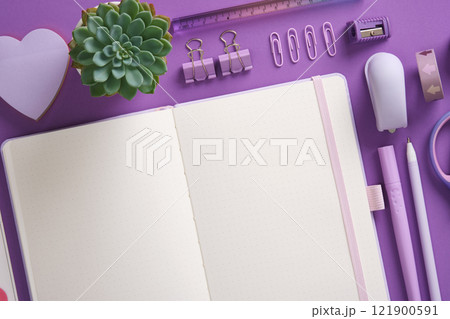 Open notepad and stationery, felt-tip pens, stapler, ruler, eraser, pins, clips in purple theme. Space for your text. Open notepad and stationery, felt-tip pens, stapler, ruler, eraser, pins, clips in purple theme. Space for your text. 121900591