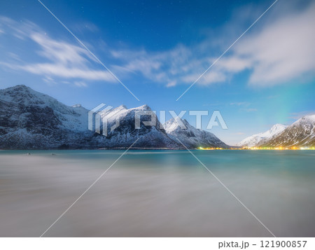 Lofoten islands, Norway. Panoramic landscape. Moon light. Long exposure photography. 121900857