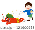 豆まきをする男の子と転ぶ赤鬼 121900953