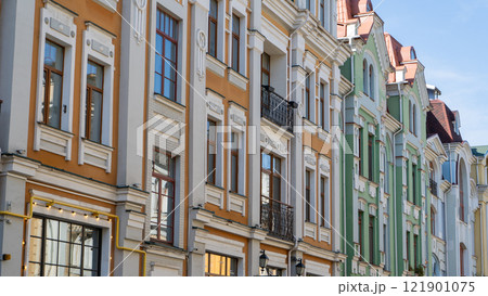 Multicolor modern exterior of Houses Buildings. Bright windows Multicolor modern exterior of Houses Buildings. Bright windows 121901075