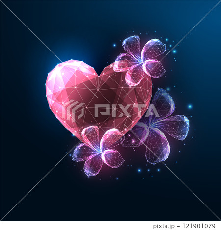 Futuristic Valentines Day digital greeting card with glowing polygonal heart and flowers on blue  Futuristic Valentines Day digital greeting card with glowing polygonal heart and flowers on blue  121901079