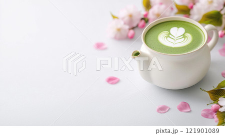 Matcha latte in white teapot with latte art, surrounded by cherry blossoms 121901089