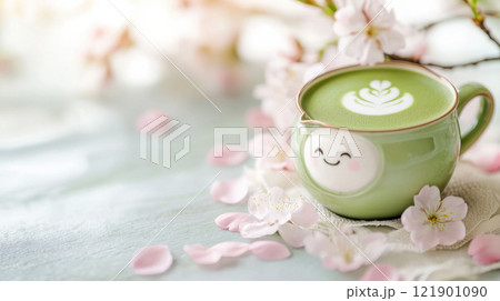 cute green matcha latte cup with latte art surrounded by cherry blossoms 121901090