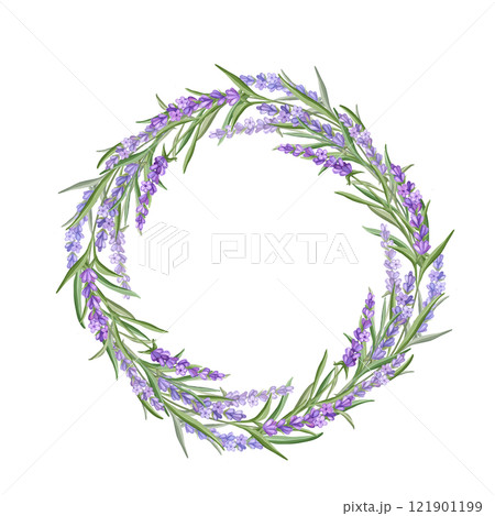 Lavender wreath. Delicate floral bouquet frame. Spring summer banner template. 121901199
