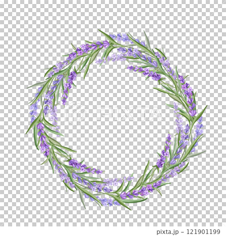 Lavender wreath. Delicate floral bouquet frame. Spring summer banner template. 121901199