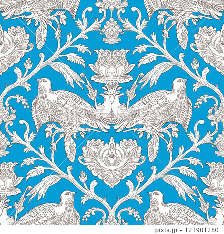 Birds and Floral Seamless Pattern: Elegant Vector Illustration for Fabrics, Wallpapers, and Packaging Design 121901280