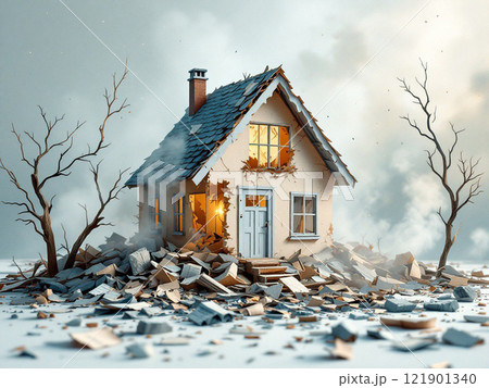 A small house destroyed by a natural disaster. High quality illustration 121901340