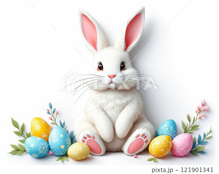 White Easter bunny decorated with paper Easter eggs. High quality illustration White Easter bunny decorated with paper Easter eggs. High quality illustration 121901341