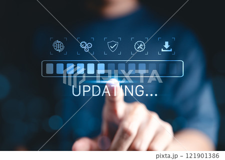 Update software application upgrade technology concept. Software update or Operating system, patch update, updating progress bar, Install app patch, new version, Improved security, program downloading 121901386