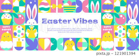 Happy Easter Vector Banner with Bauhaus Icons and Seamless Geometric Pattern and Text in a vector illustration 121901394