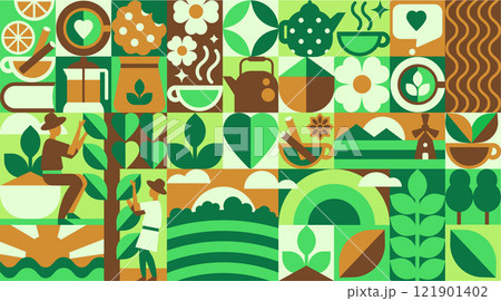Geometric Bauhaus Tea Pattern. From Green and Black Tea Harvest to Steamy Cups, Modern Nature Mosaic in a vector illustration Geometric Bauhaus Tea Pattern. From Green and Black Tea Harvest to Steamy Cups, Modern Nature Mosaic in a vector illustration 121901402