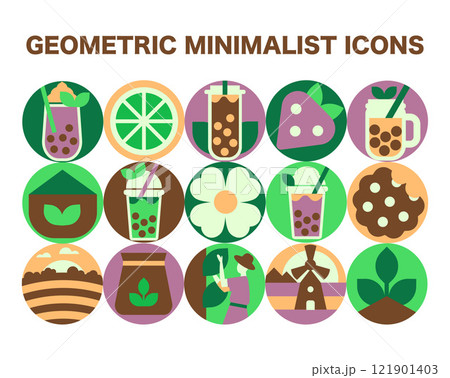 Bubble Tea Icon Set. Abstract Geometric Round Icons of Harvesting and Flavorful Drinks in a vector illustration Bubble Tea Icon Set. Abstract Geometric Round Icons of Harvesting and Flavorful Drinks in a vector illustration 121901403