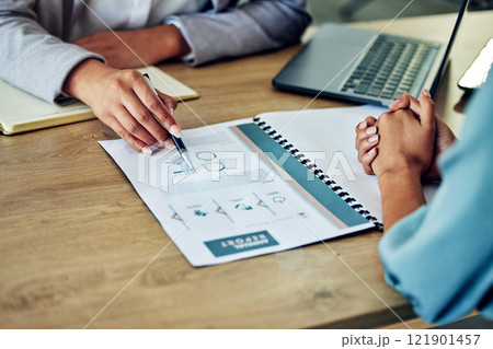 Insurance, finance and investment planning with a financial advisor, bank manager and accountant with paperwork. Hands showing, explaining and sharing knowledge of future savings budget to customer 121901457