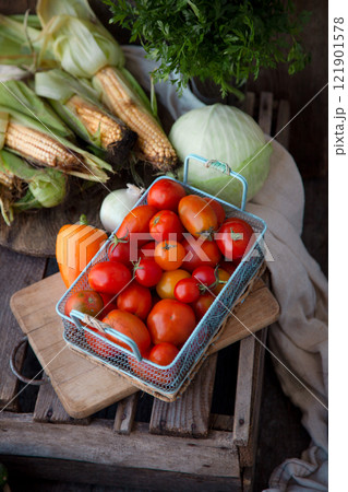 Harvest tomatoes in a basket on the table top view. Variety of summer vegetables on a wooden background. Cabbage, cucumbers. Tomato of different varieties Harvest tomatoes in a basket on the table top view. Variety of summer vegetables on a wooden background. Cabbage, cucumbers. Tomato of different varieties 121901578