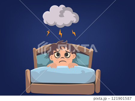 Illustration of an insomniac boy having fear in bed at night 121901587