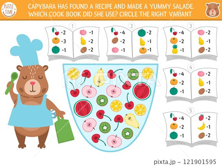 Capybara matching game with fruit salad recipe and cook books. Math and searching activity for preschool kids. Educational printable counting worksheet with cute capibara chef 121901595