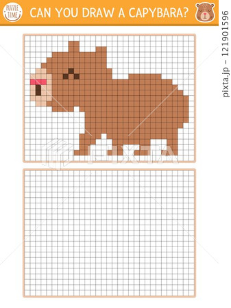 Draw the capybara by pixel grid. Vector drawing practice worksheet with cute animal. Printable black and white activity for kids. Copy the picture coloring page with field with squares Draw the capybara by pixel grid. Vector drawing practice worksheet with cute animal. Printable black and white activity for kids. Copy the picture coloring page with field with squares 121901596