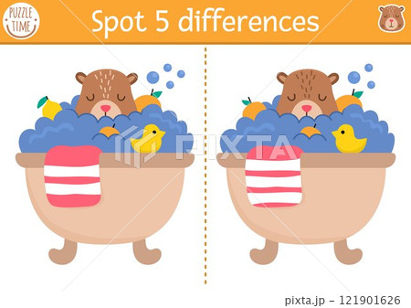 Find differences game for children. Capybara educational activity with cute animal taking bubbly bath with tangerines. Puzzle for kids with capibara. Printable worksheet, page for logic, attention 121901626