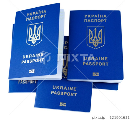 Biometric passports of Ukraine isolated on white background. Blue Ukrainian foreign passport. Biometric passports of Ukraine isolated on white background. Blue Ukrainian foreign passport. 121901631