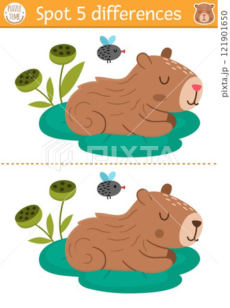 Find differences game for children. Capybara educational activity with cute animal sitting on water lily pad. Puzzle for kids with capibara. Printable worksheet or page for logic, attention Find differences game for children. Capybara educational activity with cute animal sitting on water lily pad. Puzzle for kids with capibara. Printable worksheet or page for logic, attention 121901650
