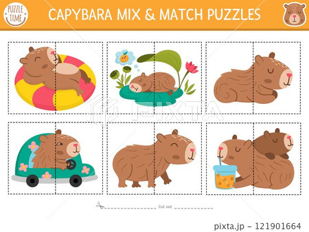 Vector capybara mix and match puzzle. Matching capibara activity for preschool kids. Educational printable game with cute animals, driving car, sleeping, drinking tea, meditating 121901664