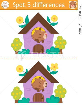 Find differences game for children. Capybara educational activity with cute animal in the purple house. Puzzle for kids with capibara. Printable worksheet or page for logic, attention 121901670