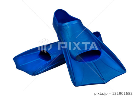 Fins are isolated on a white background. Flippers. Open toe and closed heel for professional swimming and training. Shortened blue flippers 121901682