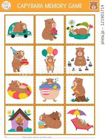 Vector capybara memory game cards with cute animals sleeping, meditating, relaxing. Capibara matching activity. Remember and find correct card. Simple printable worksheet for kids 121901714