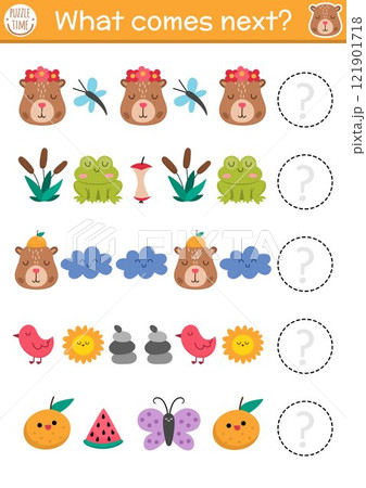 What comes next. Capybara logical activity for preschool children with cute animals, frog, butterfly, reeds, bird, tangerine. Capibara logic succession worksheet. Continue the row game 121901718