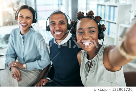 Fun selfie of call center agents, customer service or online support workers and friends in an office. Telemarketing group, team or staff of helpdesk assistants and hotline management people Fun selfie of call center agents, customer service or online support workers and friends in an office. Telemarketing group, team or staff of helpdesk assistants and hotline management people 121901726