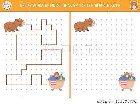 Capybara drawing, writing, tracing, space orientation activity for kids. Draw lines in box according example. Preschool printable game, puzzle with cute animal. Help capibara get to babbly bath 121901730