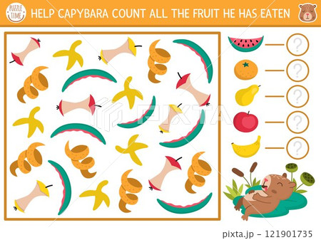 I spy game for kids. Searching and counting activity with capybara and fruit peel. Printable worksheet for preschool children. Simple spotting puzzle with watermelon, tangerine, banana, apple 121901735