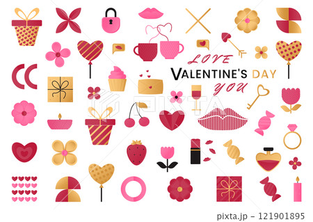 Set of elements with romantic symbols - figures of hearts, sweets, gifts, candles, balloons, lock and key, lipstick, air kisses in geometric style. Illustrations for For Valentine's day, Birthday. 121901895