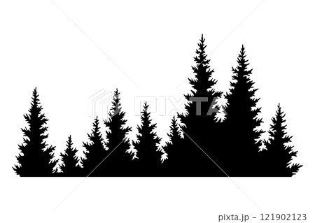 Fir trees silhouette. Coniferous spruce horizontal background pattern, black evergreen woods vector illustration. Beautiful hand drawn panorama of coniferous forest 121902123
