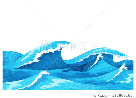 Ocean waves, splash water, marine sea storm element. Blue sea or ocean wave with spray, foam on crest. Vector illustration 121902163