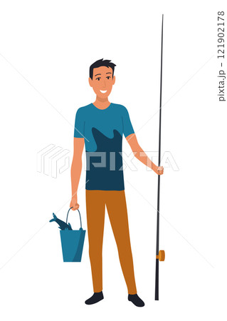 Cartoon men fishing. Male fishermen character with fishing rods on lake, summer catching process, men hobby recreation, leisure time, vector 121902178