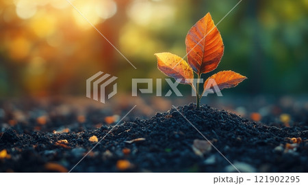 Small tree, tree sprout in the ground growing in the sunlight in the garden. eco concept 121902295
