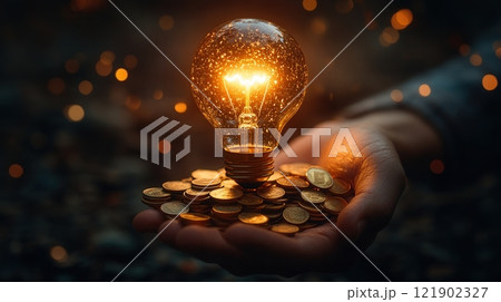 A hand holding a glowing light bulb representing an idea, illuminating a path leading to a mountain of coins, symbolizing financial success and wealth. A hand holding a glowing light bulb representing an idea, illuminating a path leading to a mountain of coins, symbolizing financial success and wealth. 121902327