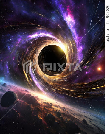 Swirling vortex of supermassive black hole bending spacetime near alien planet. 121903020
